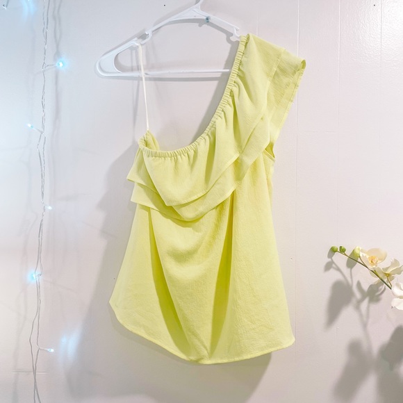 One Shoulder Pale-Lime Yellow Ruffle Top - Picture 1 of 2